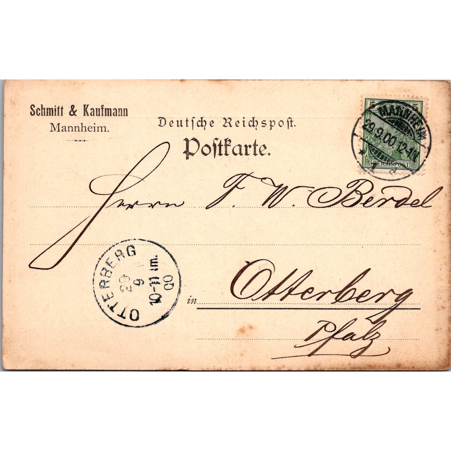Schmitt & Kaufmann Mannheim G.W. Berdel Otterberg 1900 German Postcard TE2-GRQ