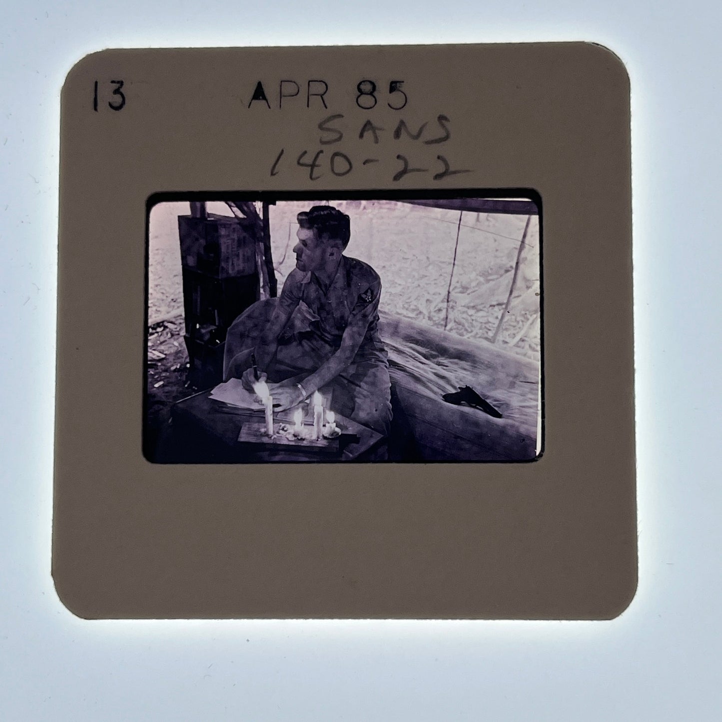 WWII c1945 Slide - Soldier Writing by Candlelight at Sansapor New Guinea AG2-S7