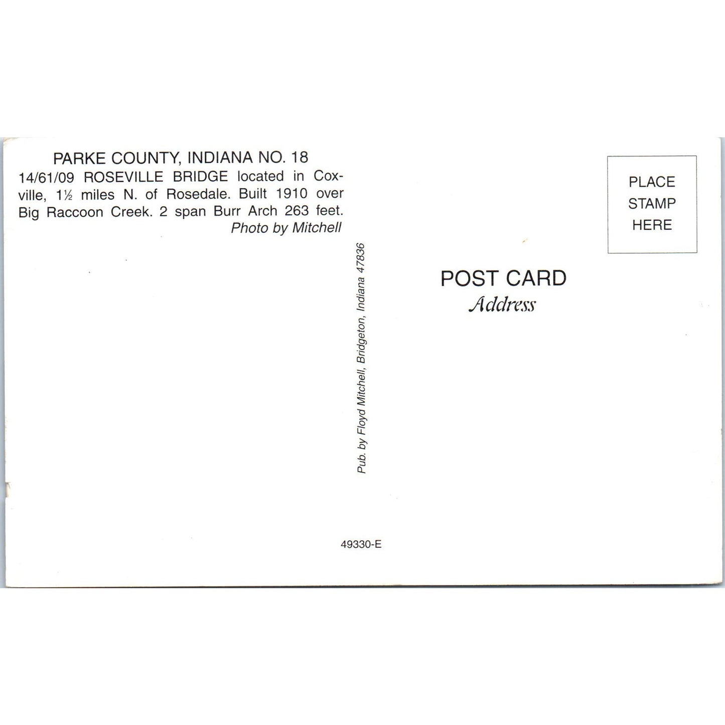 Roseville Bridge Parke County 18 IN Vintage Covered Bridge Postcard PC14