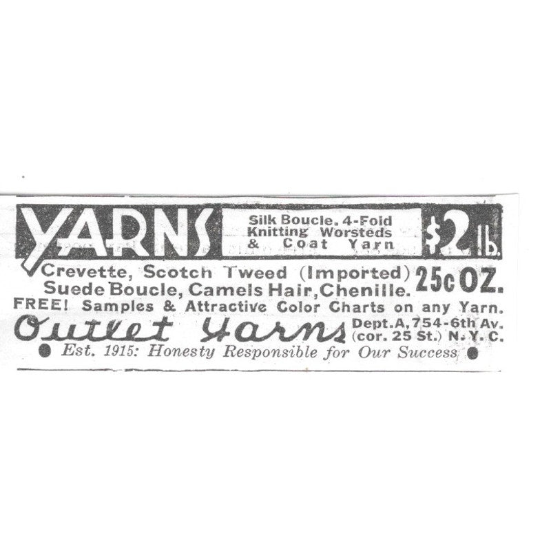 Outlet Yarns 4-Fold Knitting Worsteds & Coat Yarn New York NY 1936 Ad SAG4-S12