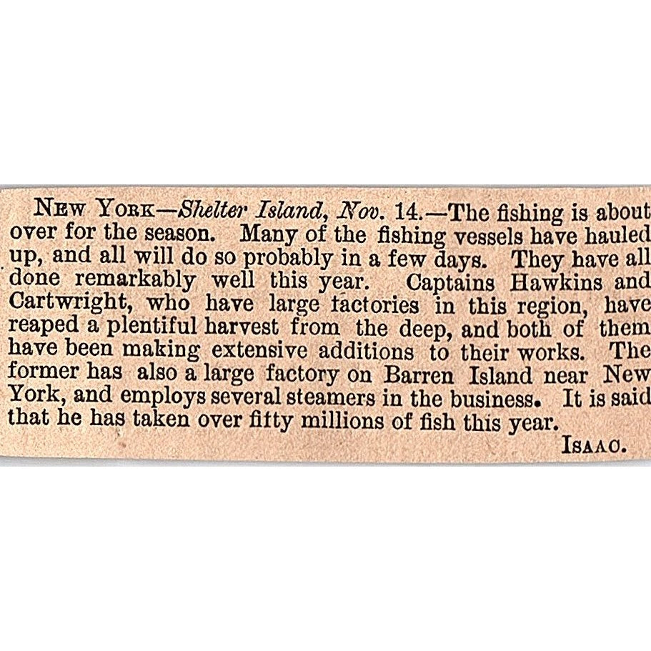Captains Hawkins & Cartwright NY Shelter Island Fishing 1878 Article AG2-S15