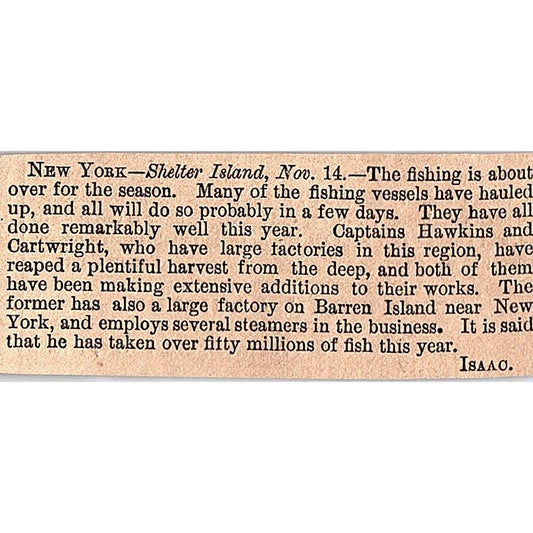 Captains Hawkins & Cartwright NY Shelter Island Fishing 1878 Article AG2-S15