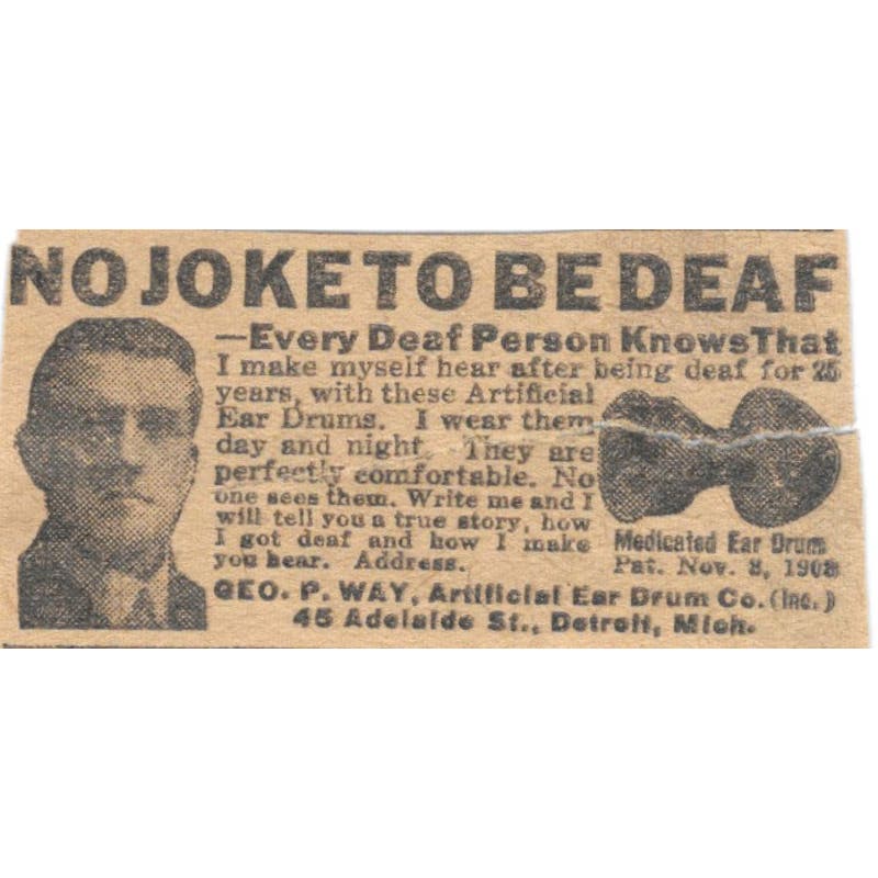 Geo P. Way Artificial Ear Drum Co Detroit MI 1923 Magazine Ad Clip AE1-7
