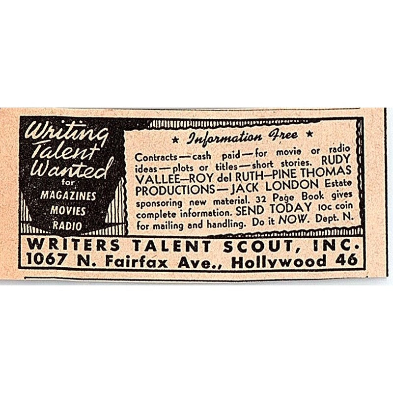 Writers Talent Scout Inc Hollywood CA 1948 Ad AF8-S1