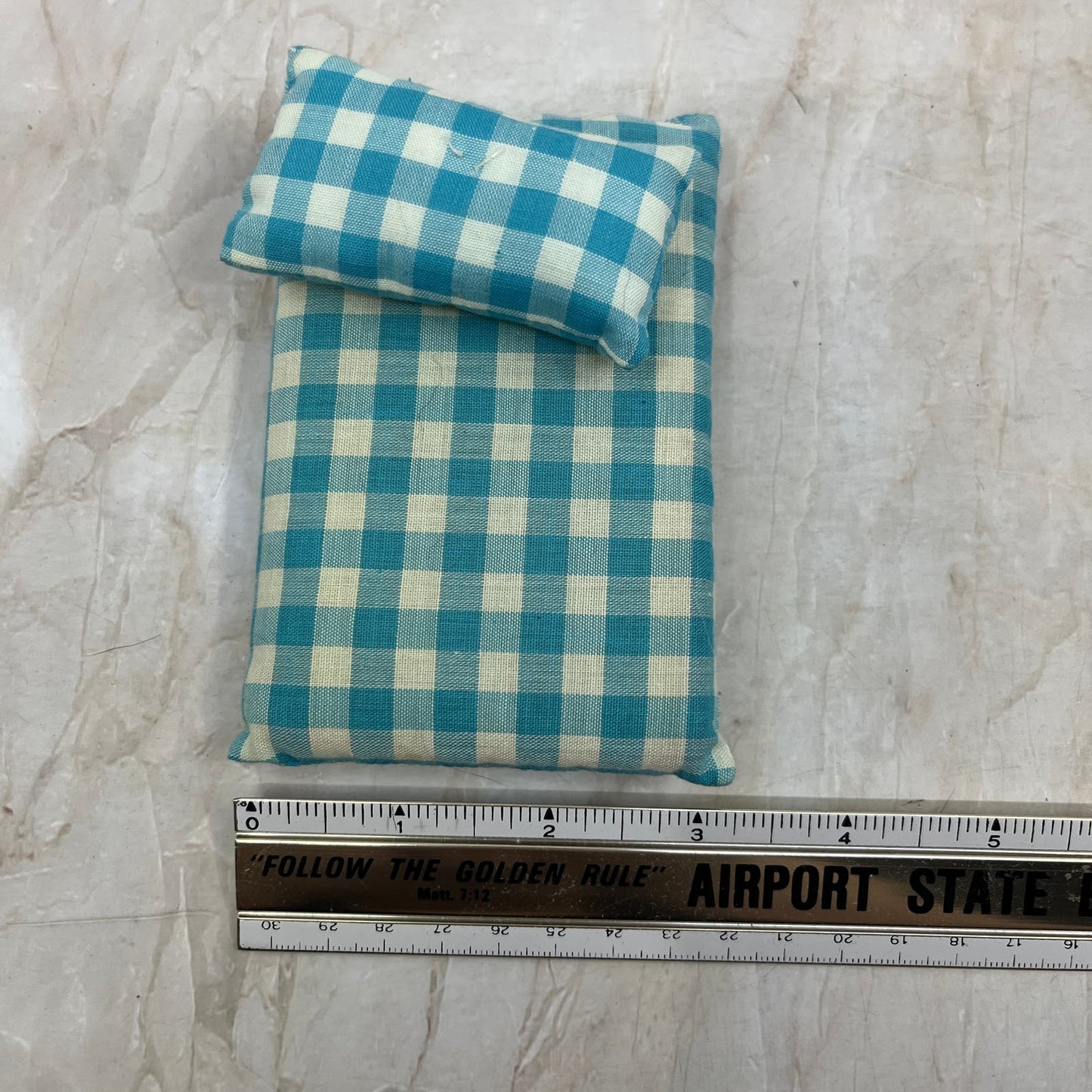 Retro Doll House Mattress and Pillow Handmade Blue Plaid 3x4.5" TE9