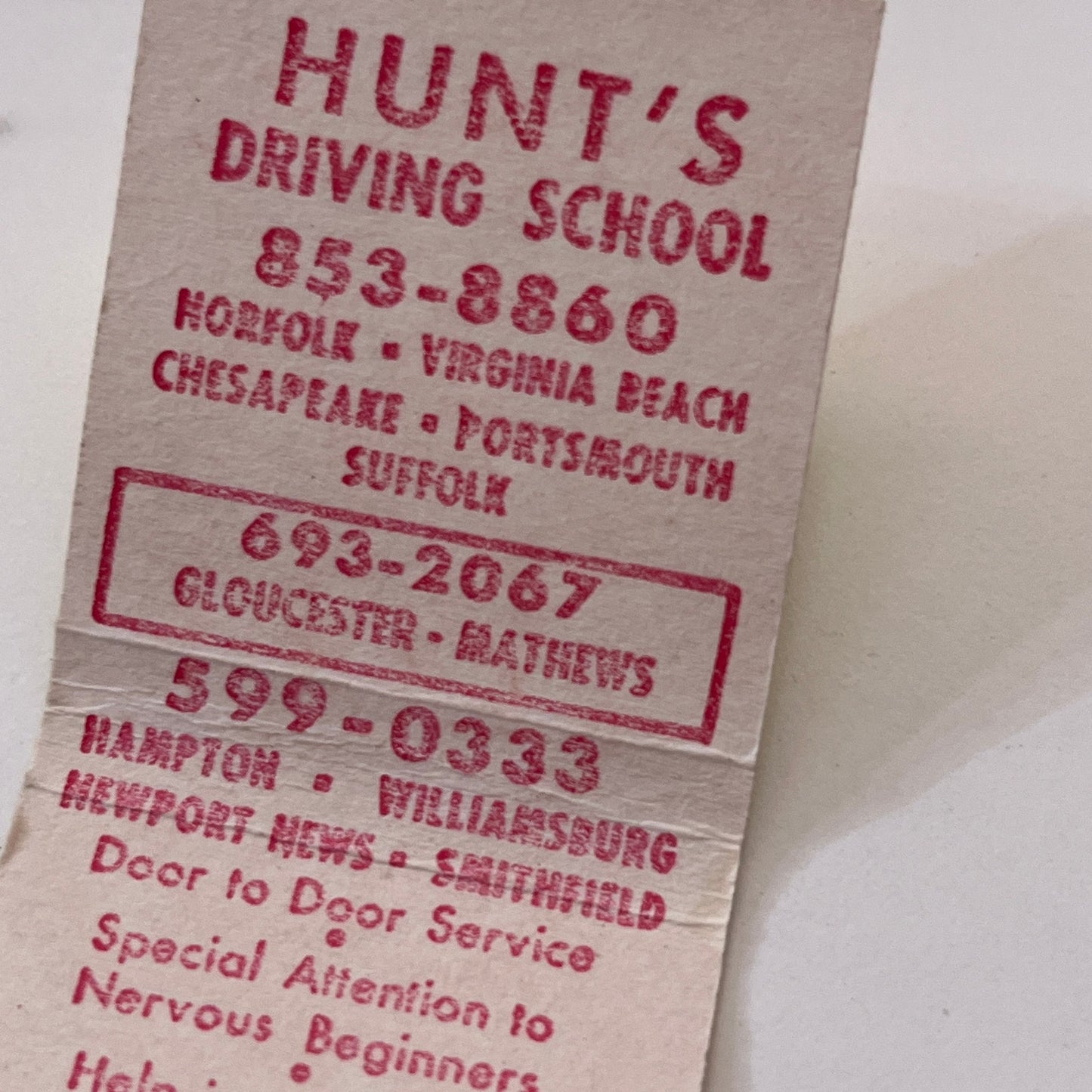 Hunt's Driving School Peninsula Tidewater Vintage Matchbook Cover TB6-MB1-10