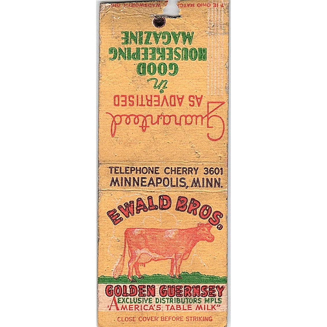 Ewald Bros Golden Guernsey Minneapolis MN Vintage Matchbook Cover SC7-Y4
