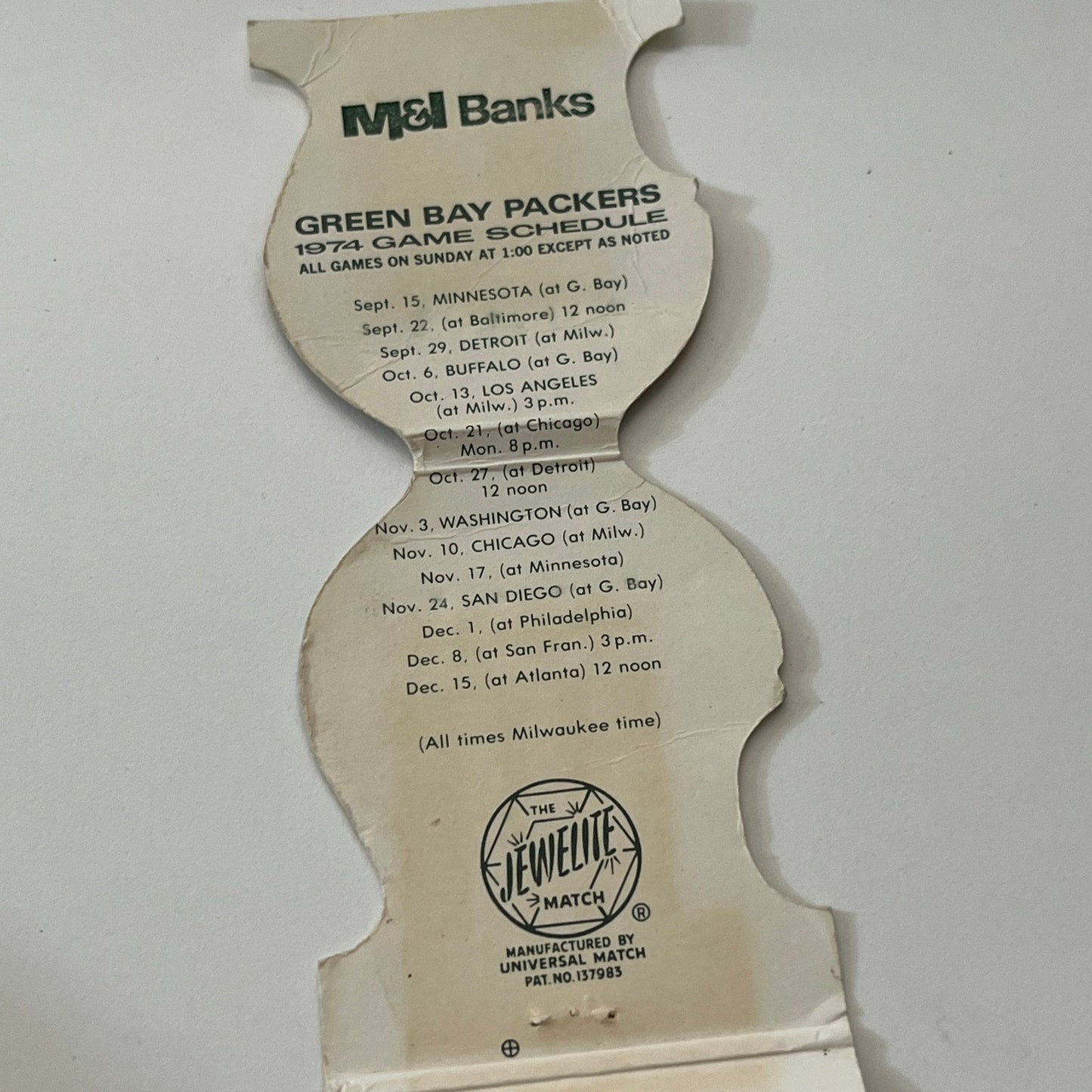 Green Bay Packers 1974 Game Schedule Matchbook Cover TB6-MB1-14