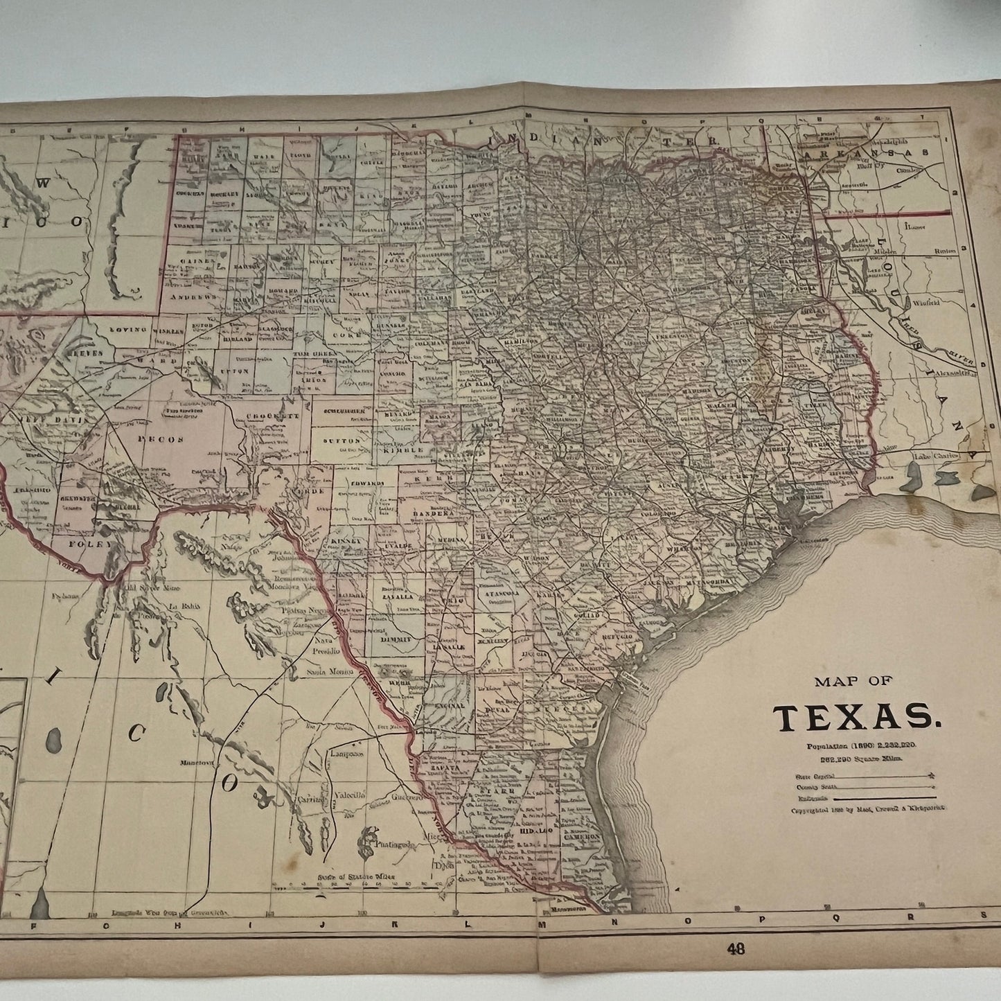 Texas, California & Nevada Fold Out 1894 Map Engraving V1-6
