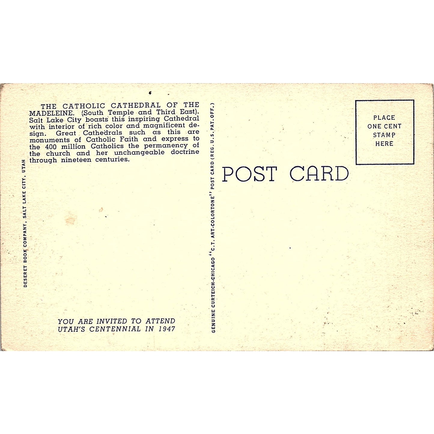 Interior Cathedral of the Madeleine Salt Lake City Utah Vintage Postcard PE17