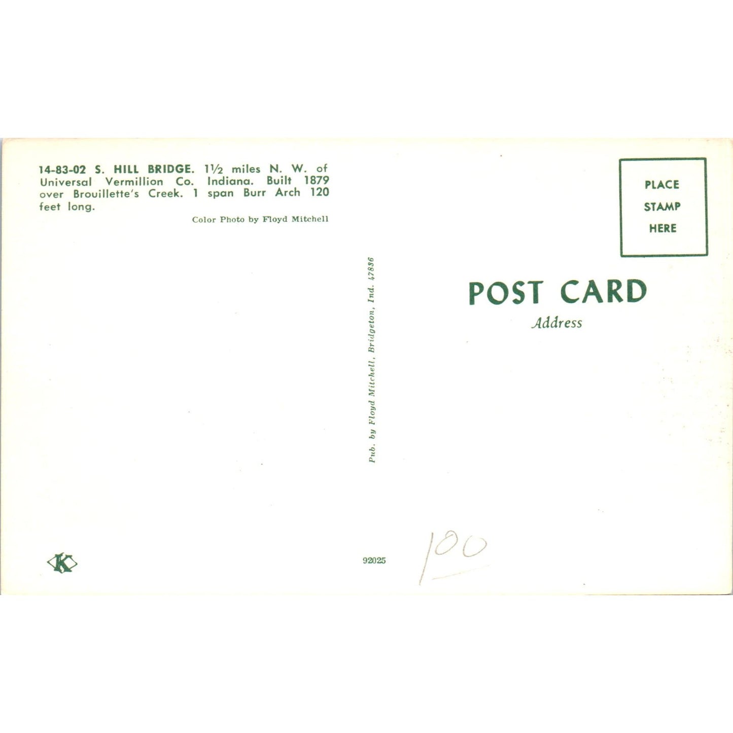 S. Hill Bridge Vermillion Co IN Brouillette's Creek Covered Bridge Postcard PC8