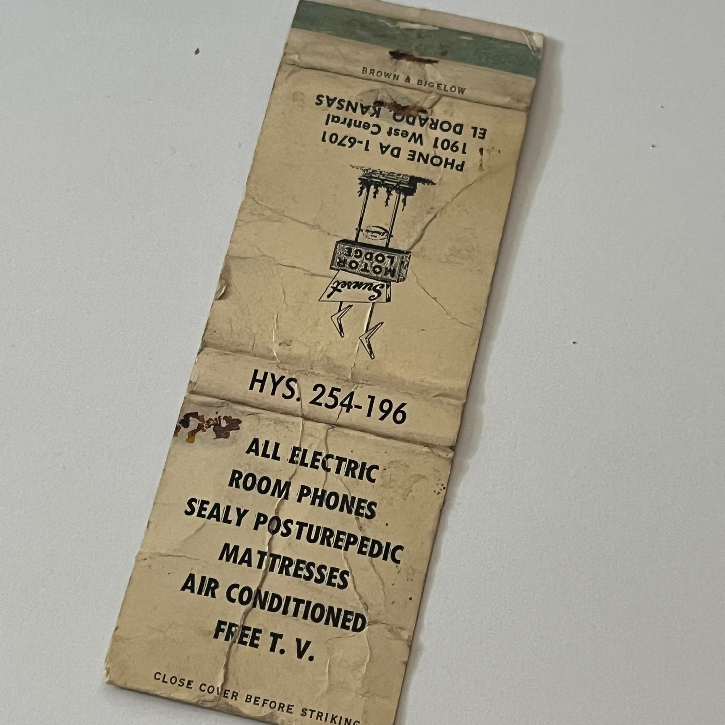 Sunset Motor Lodge El Dorado Kansas Vintage Matchbook Cover TB6-MB2-6