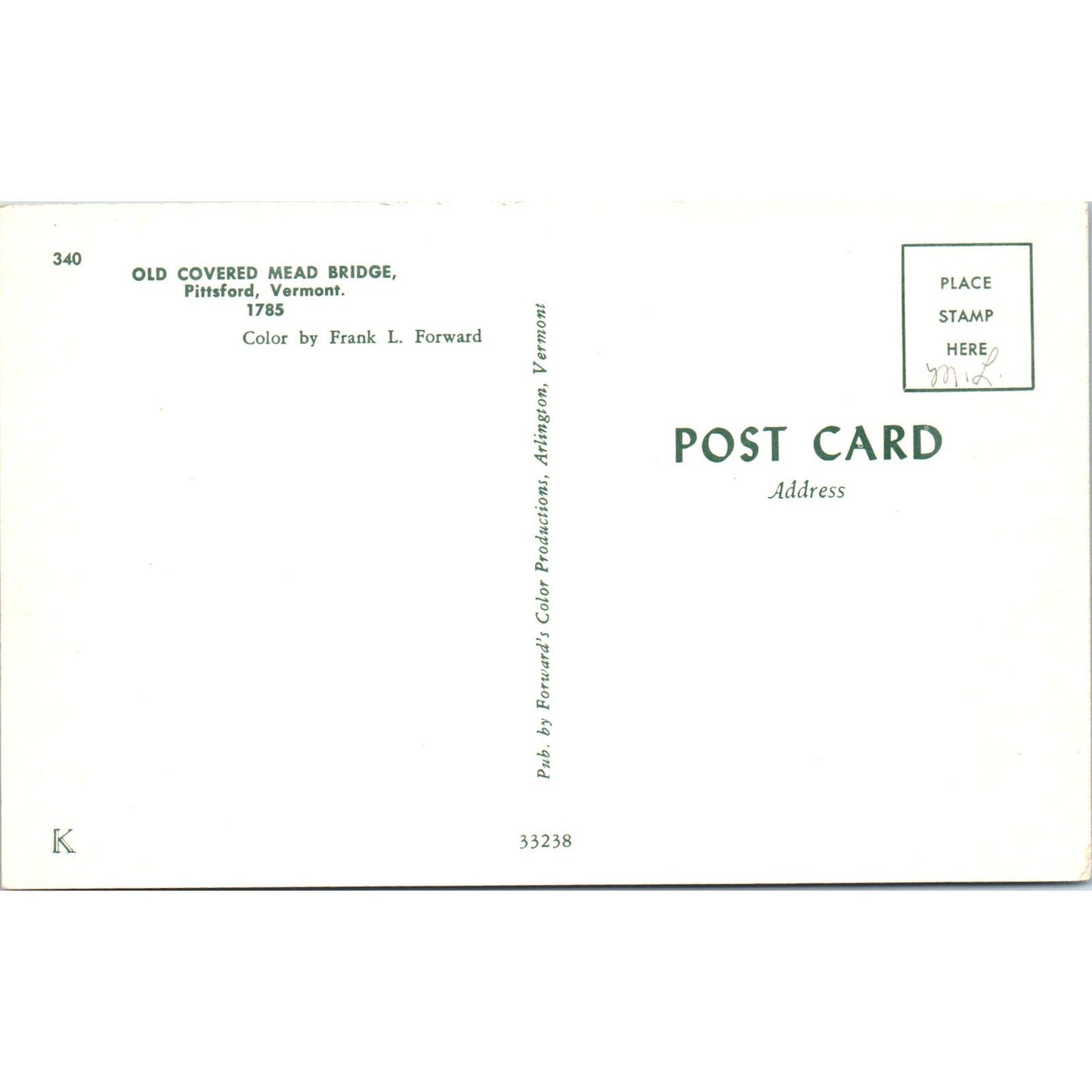 Old Covered Mead Bridge Pittsford VT Covered Bridge Postcard PB11
