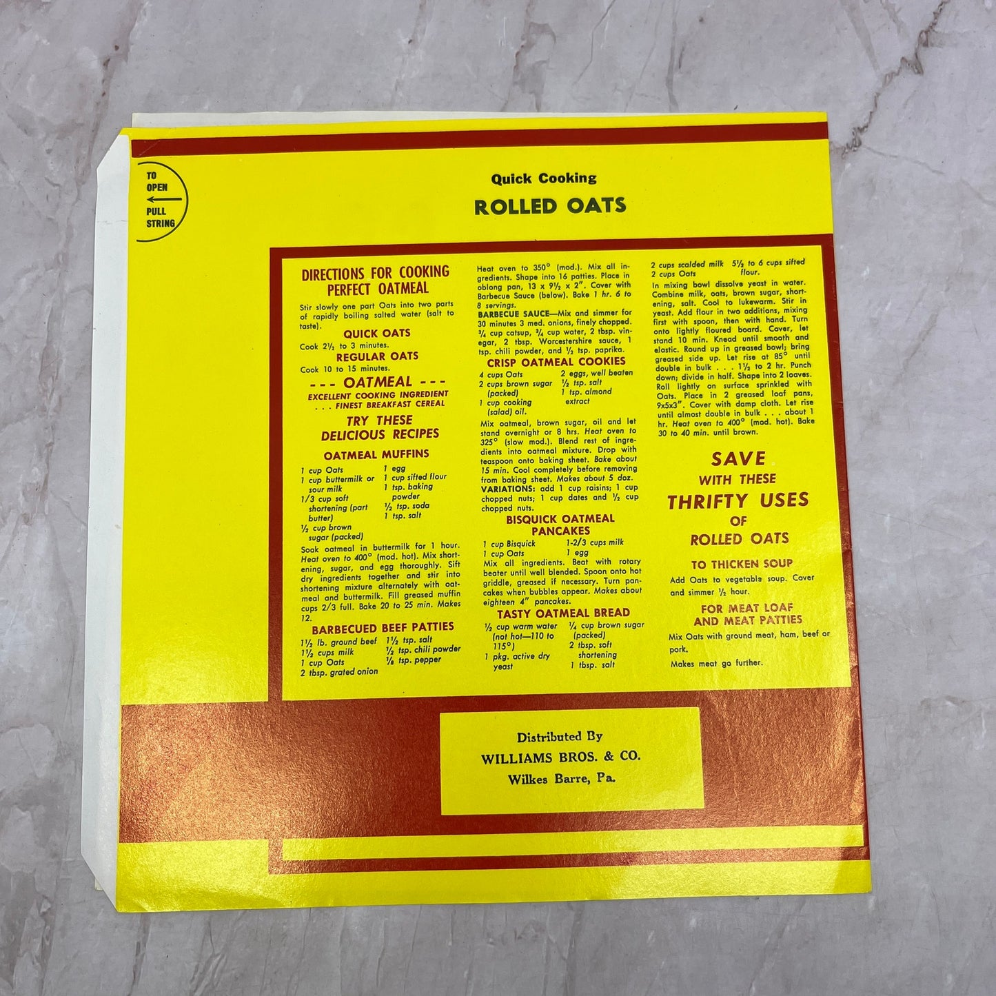 Wilco Quick Cooking Rolled Oats Label Williams Bros. & Co. Wilkes Barre PA TH9