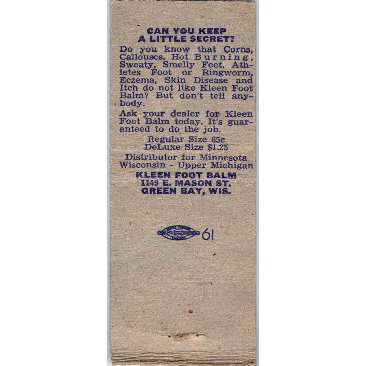Kleen Foot Balm Co Falls Church VA Vintage Matchbook Cover SD4-Y7