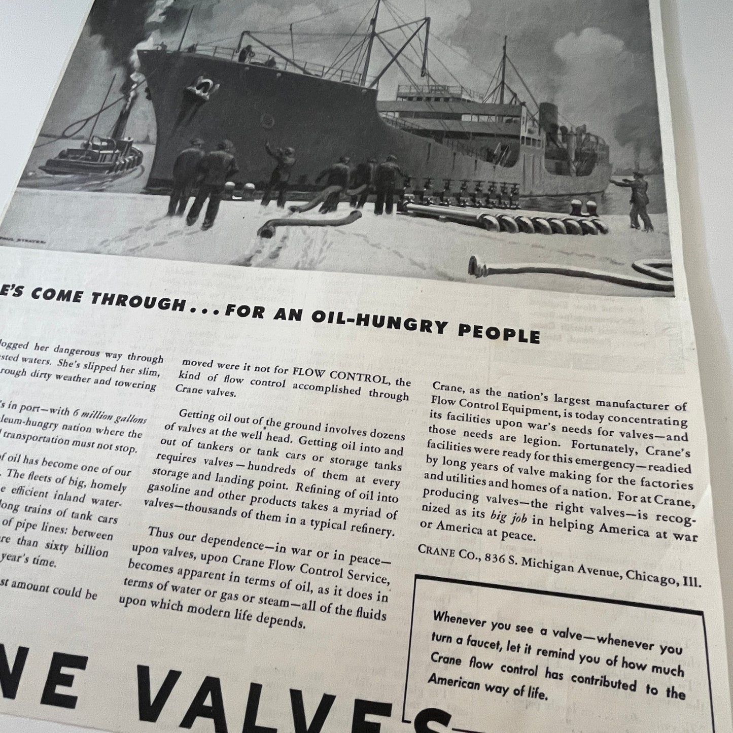 Crane Co. Crane Valves for an Oil-Hungry People Chicago IL 1943 WWII Ad SV1-6
