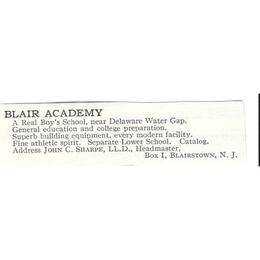 Blair Academy Blairstown NJ John C. Sharpe c1920 Harper’s Magazine Ad SAG4-S3