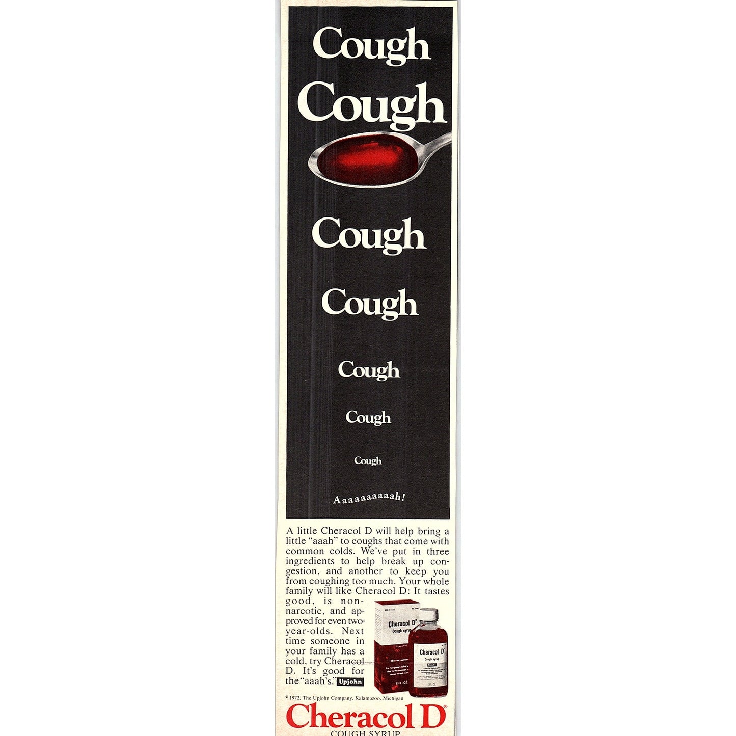 Cheracol D Cough Syrup Upjohn Kalamazoo MI 1972 Ad AF3-16