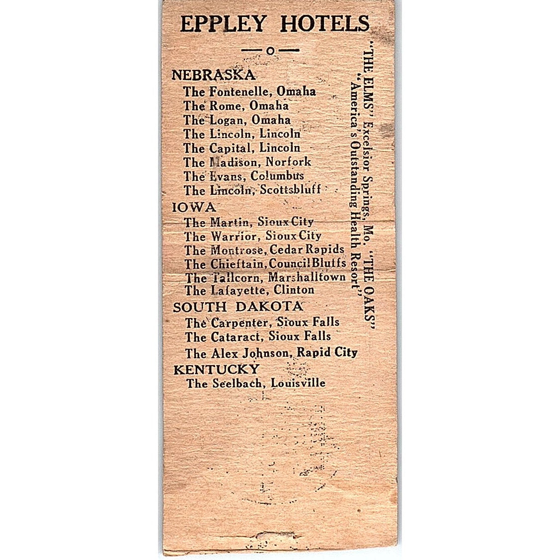 Eppley Hotels The Fontenelle Omaha NE Vintage Matchbook Cover SC7-Y9