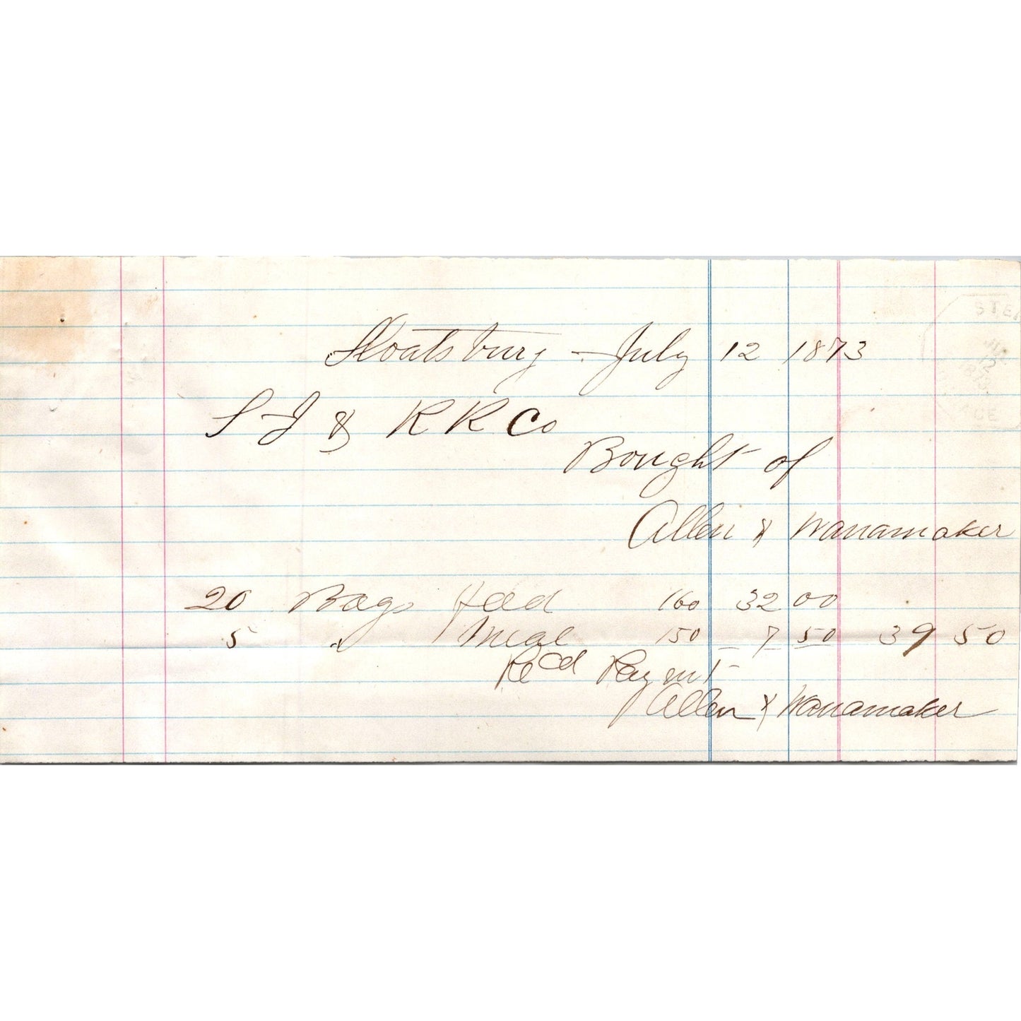 E.F. Allen & Wanamaker Dry Goods Sloatsburg NY 1873 Billhead & Receipt C30