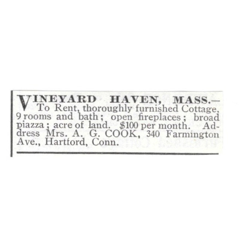 Vineyard Haven MA Cottage Mrs A.G. Cook Hartford CT 1903 Ad AG3-S13