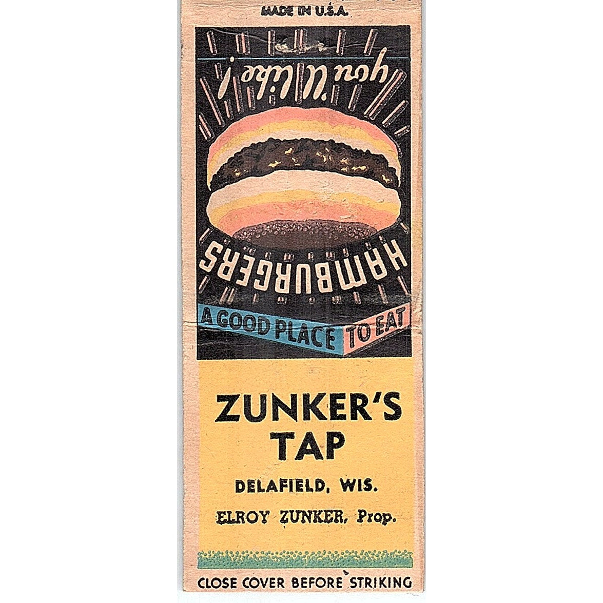 Zunker's Tap Delafield WI Elroy Zunker Vintage Matchbook Cover SC7-Y11