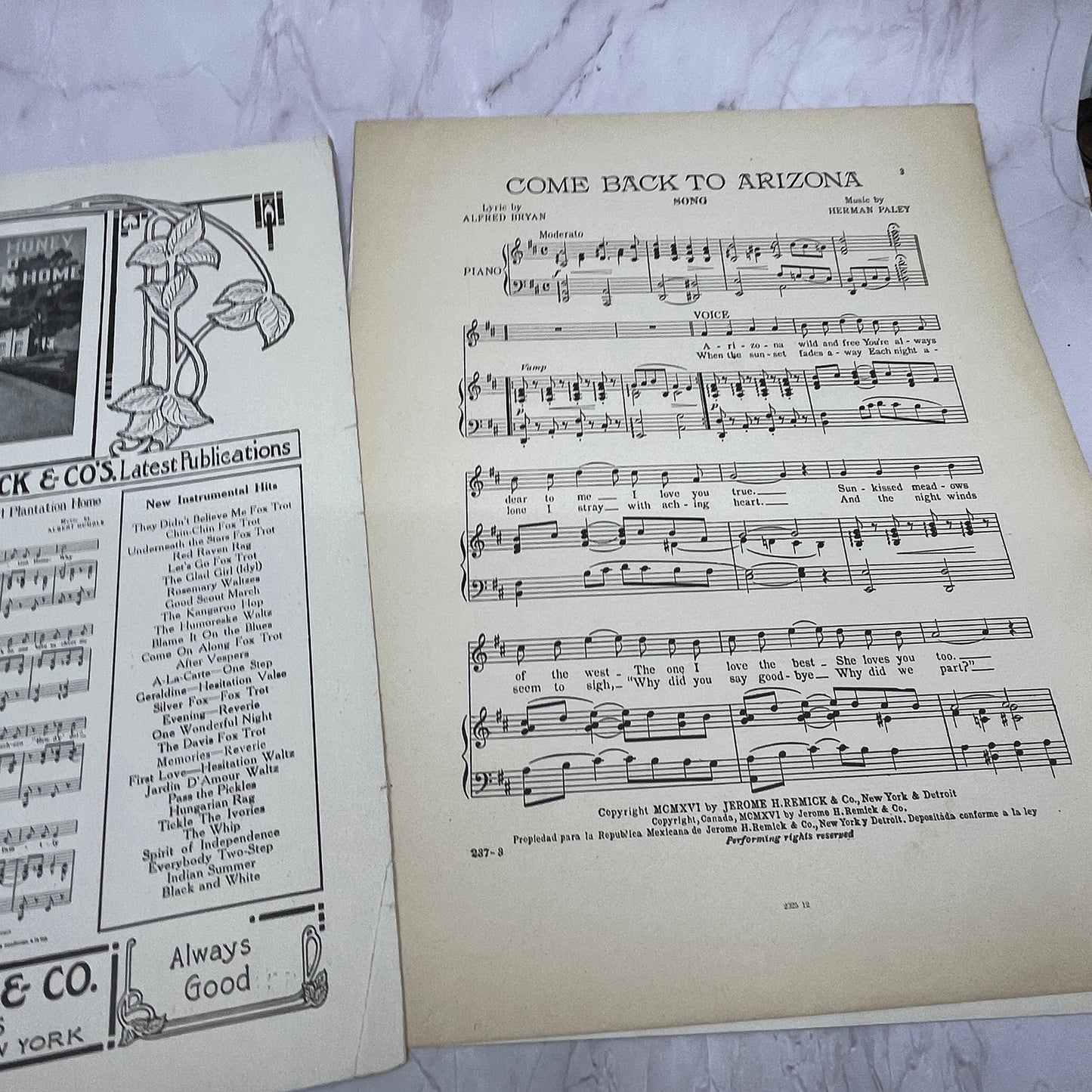 Come Back To Arizona Song Alfred Bryan Herman Paley 1914 Sheet Music V16