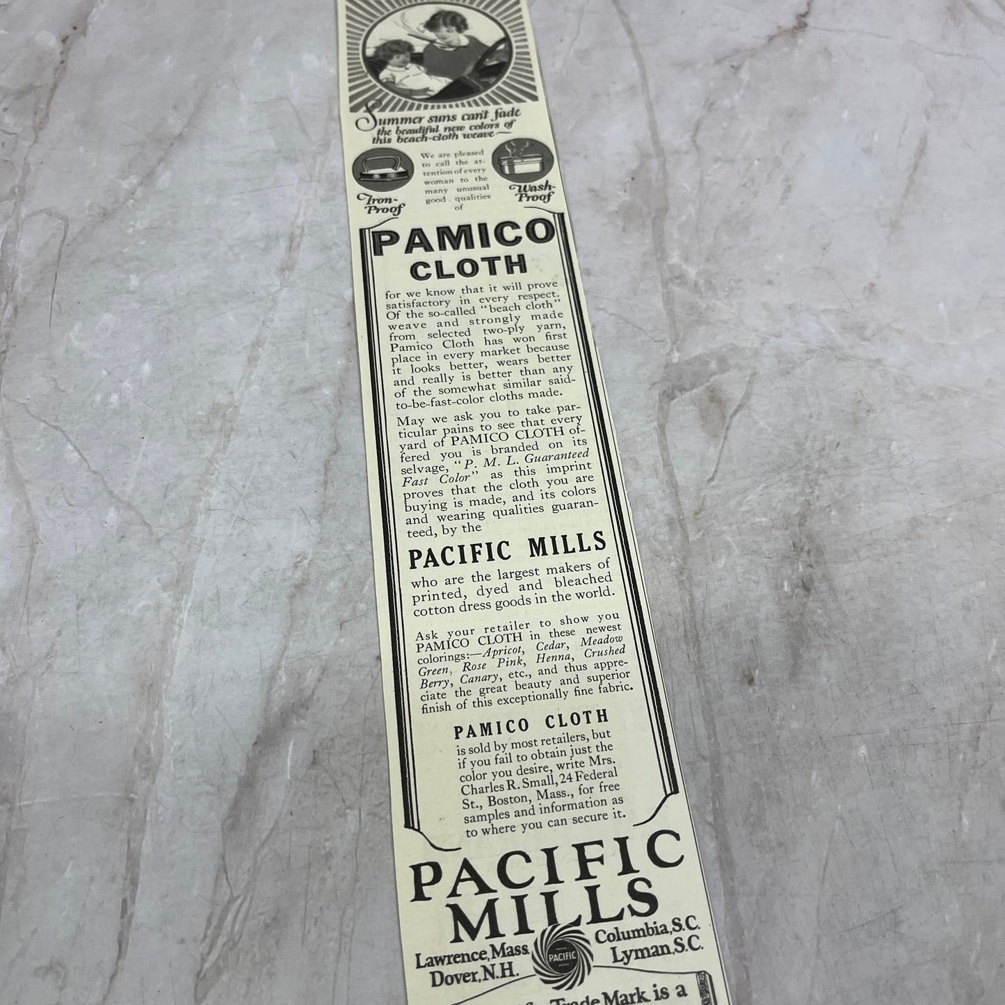 Pamico Cloth Pacific Mills Dover NH Lyman Columbia SC 1924 Magazine Ad FL6-11