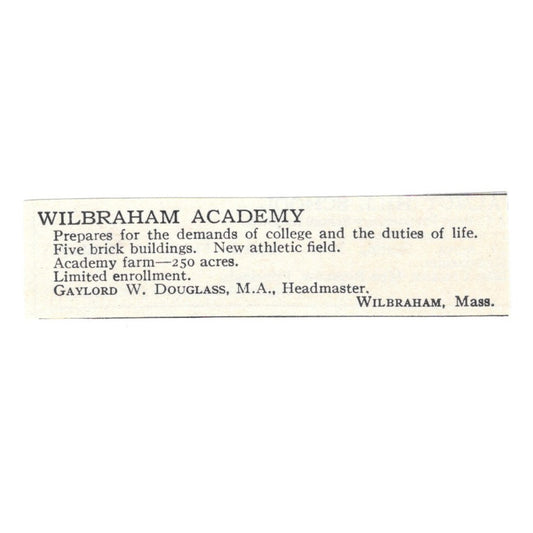 Wilbraham Academy Gaylord W. Douglas Wilbraham MA 1924 Magazine Ad AD8-O6