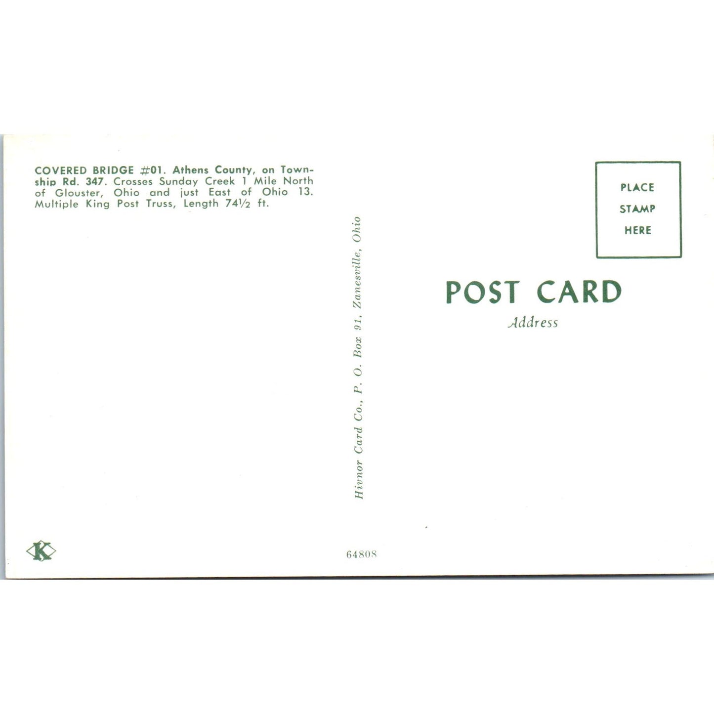 Athens County #1 Sunday Creek Glouster Ohio Covered Bridge Postcard PC1