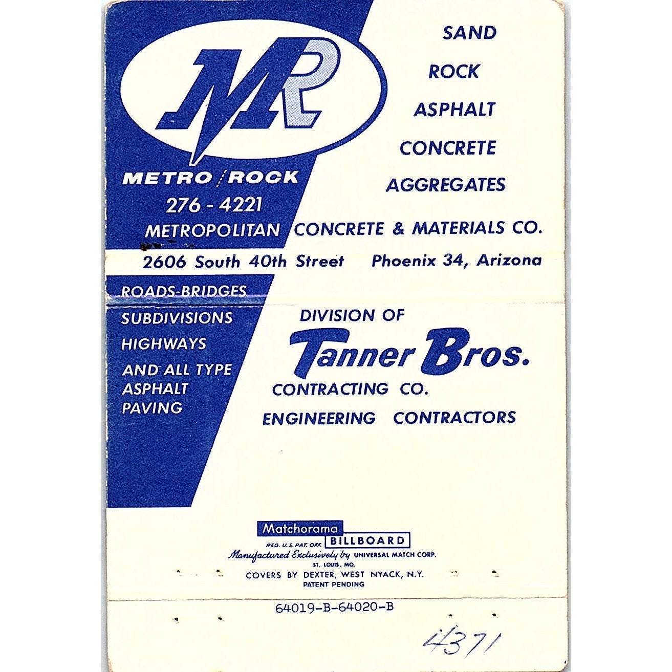 Metro Rock Tanner Bros Contracting Co Phoenix AZ Vintage Matchbook TB6-MB2-10
