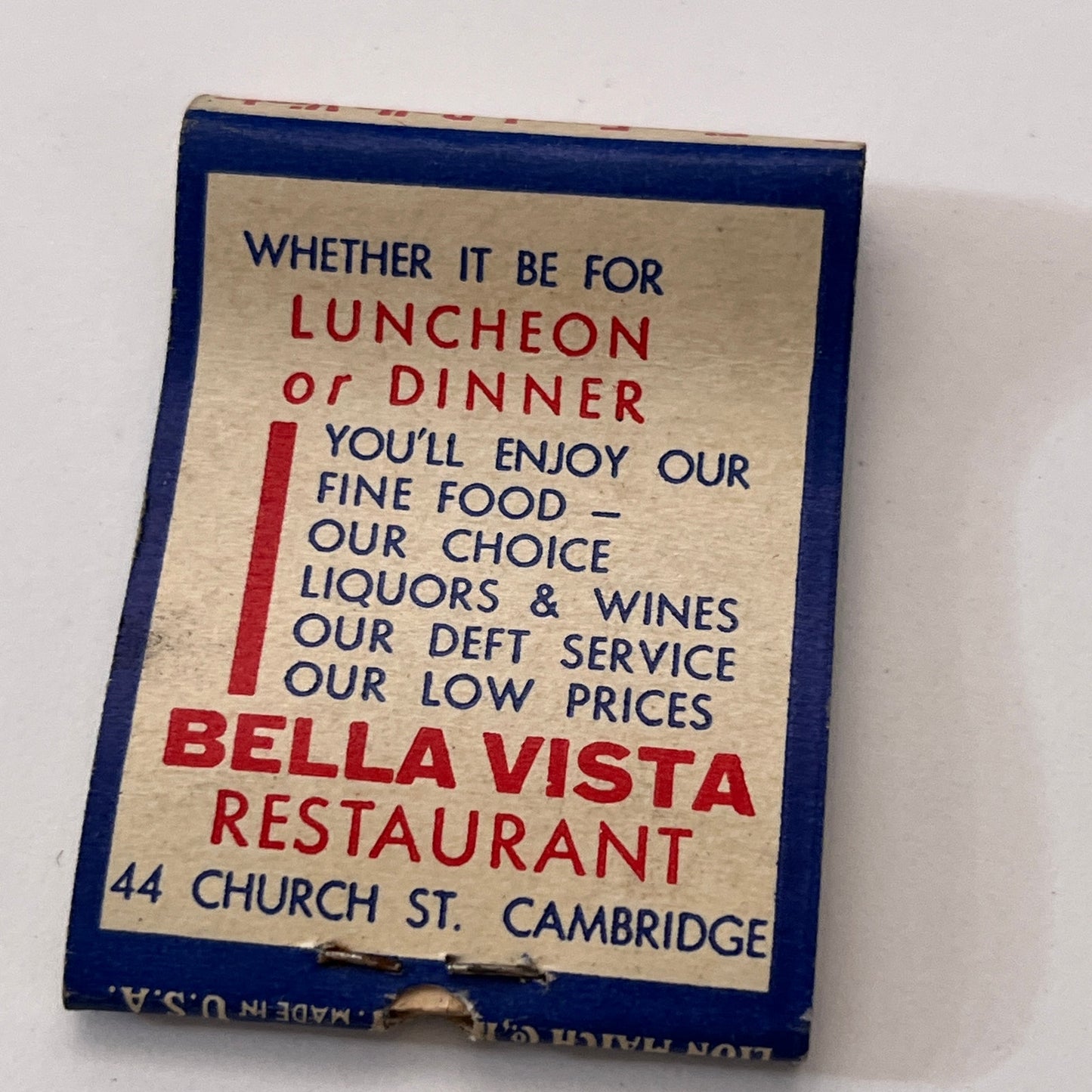 BellaVista Restaurant 44 Church St. Cambridge Vintage Matchbook Cover TB8-MB2-10