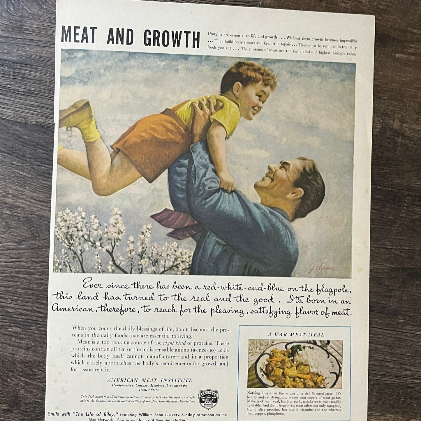 Meat and Growth - American Meat Institute War Meat-Meal Vtg Magazine Ad 10x13 V8