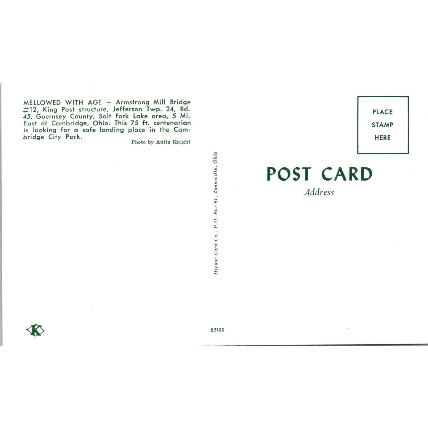 Armstrong Mill Bridge #12 Jefferson Twp Cambridge OH Covered Bridge Postcard PC3