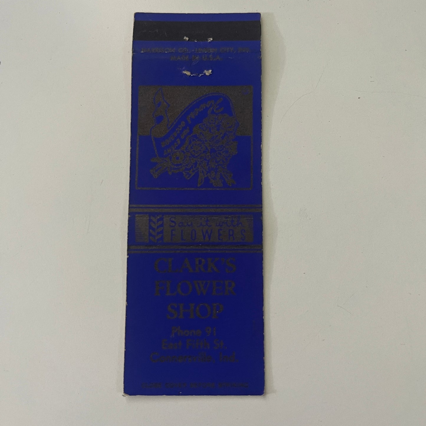 Clark's Flower Shop E. 5th St Connersville IN Vintage Matchbook MB1-6