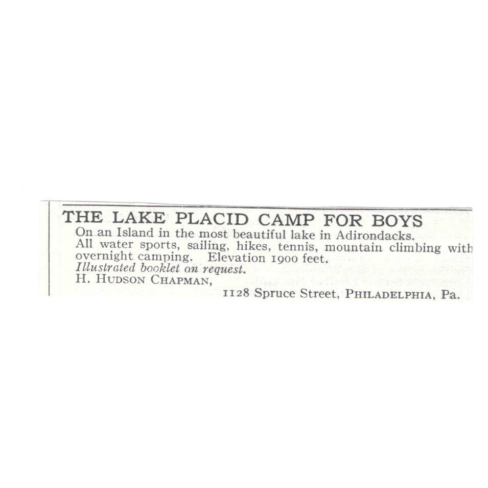 The Lake Placid Camp For Boys Philadelphia PA H. Hudson Chapman c1920 Ad AG4-S6