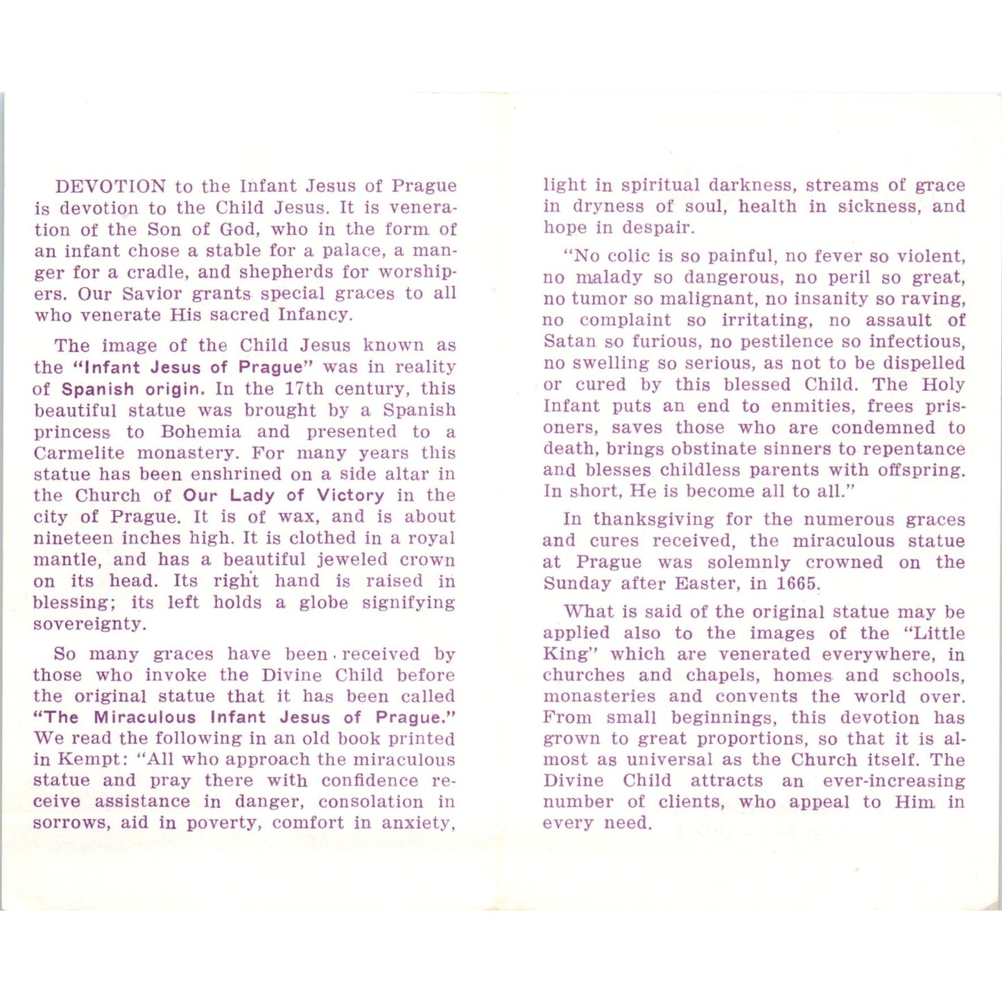 Miraculous Image of the Infant Jesus of Prague Vintage Prayer Leaflet TH2-PC2
