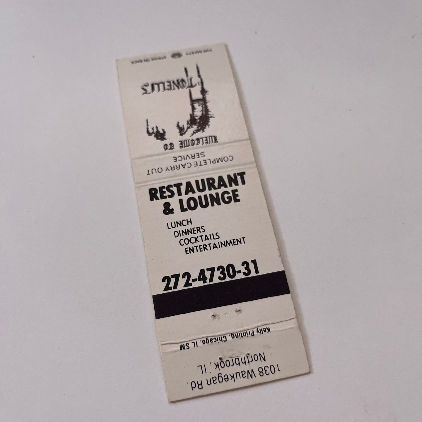 Tonelli's Restaurant Northbrook IL Vintage Matchbook Cover TB6-MB2-1