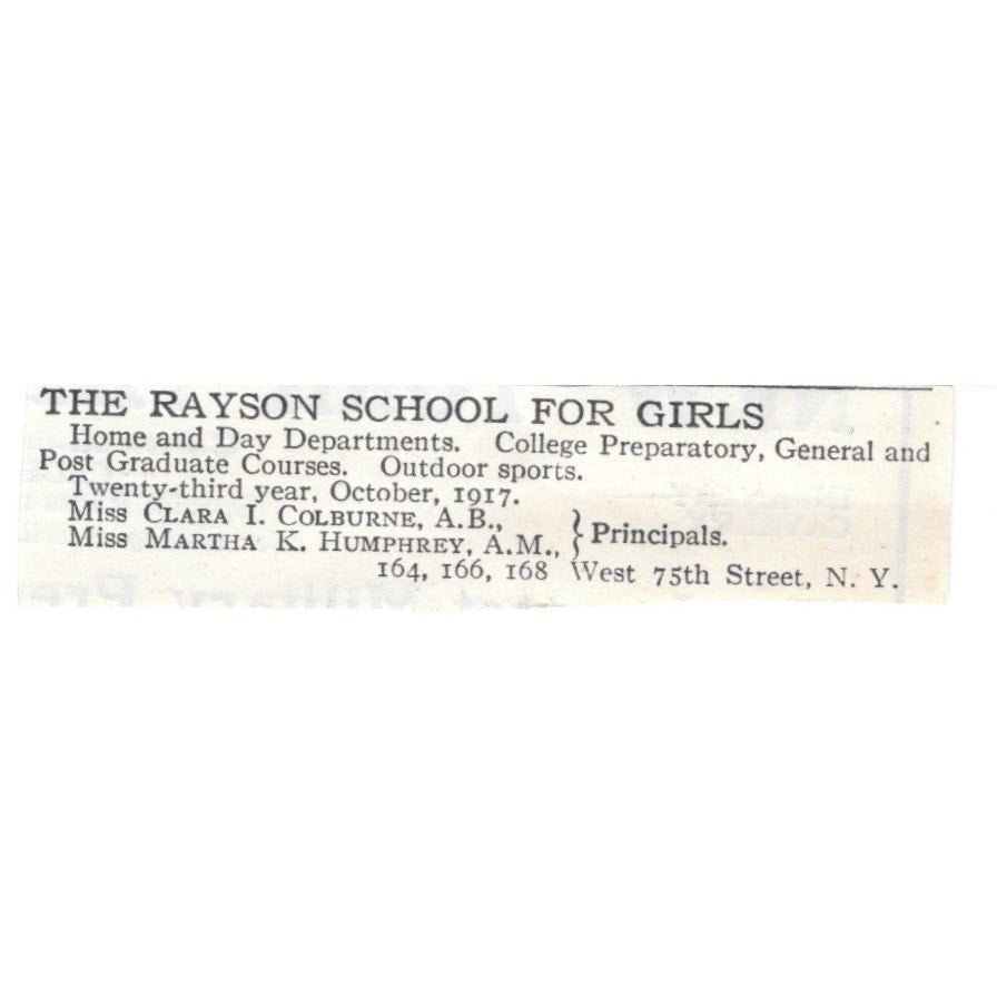 Rayson School for Girls W 75th St, NY Clara Colburne c1920 Harper's Ad AG4-S1