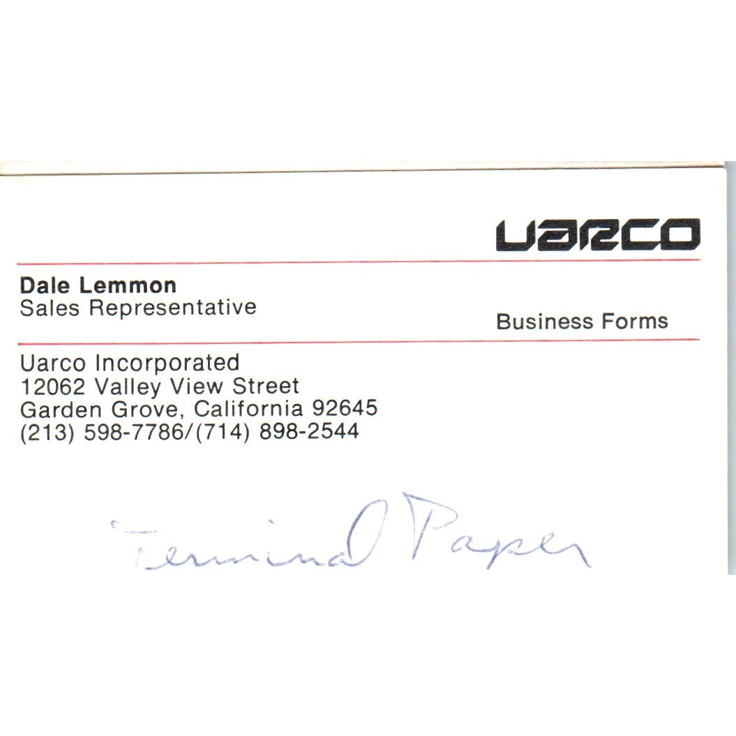Uarco Inc. Dale Lemmon Garden Grove CA Vintage Business Card SD4-B3