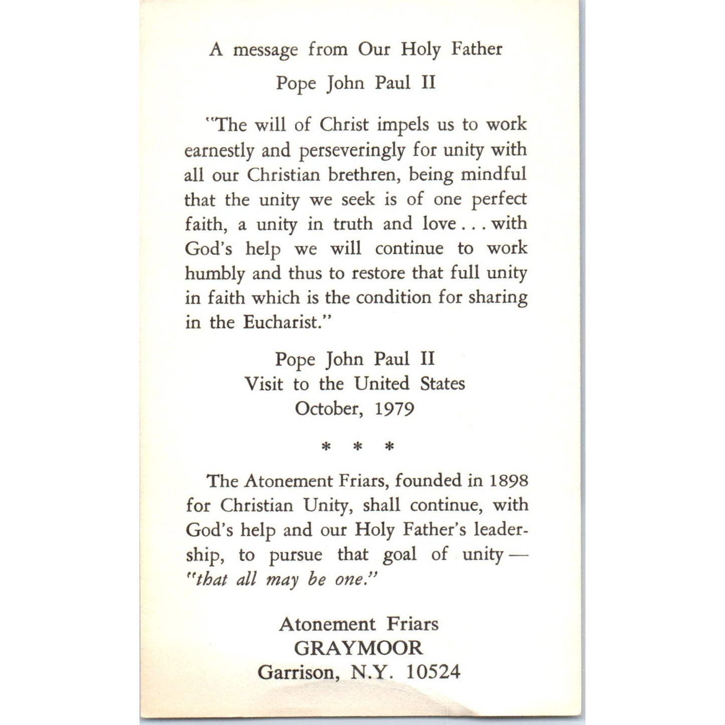 1979 Pope John Paul II Visit to US Vintage Catholic Prayer Card TH2-PC1
