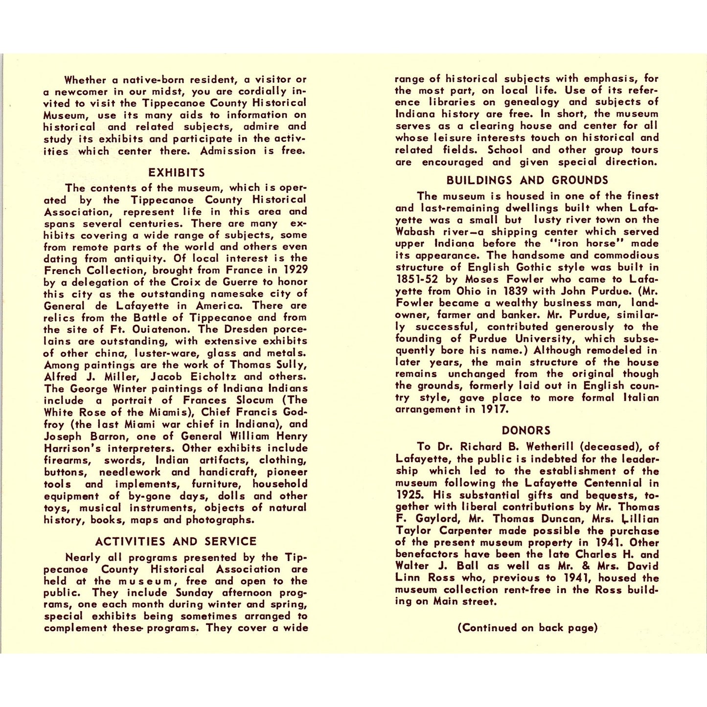 Tippecanoe County Historical Museum Lafayette IN Vintage Travel Brochure TH2-TB5