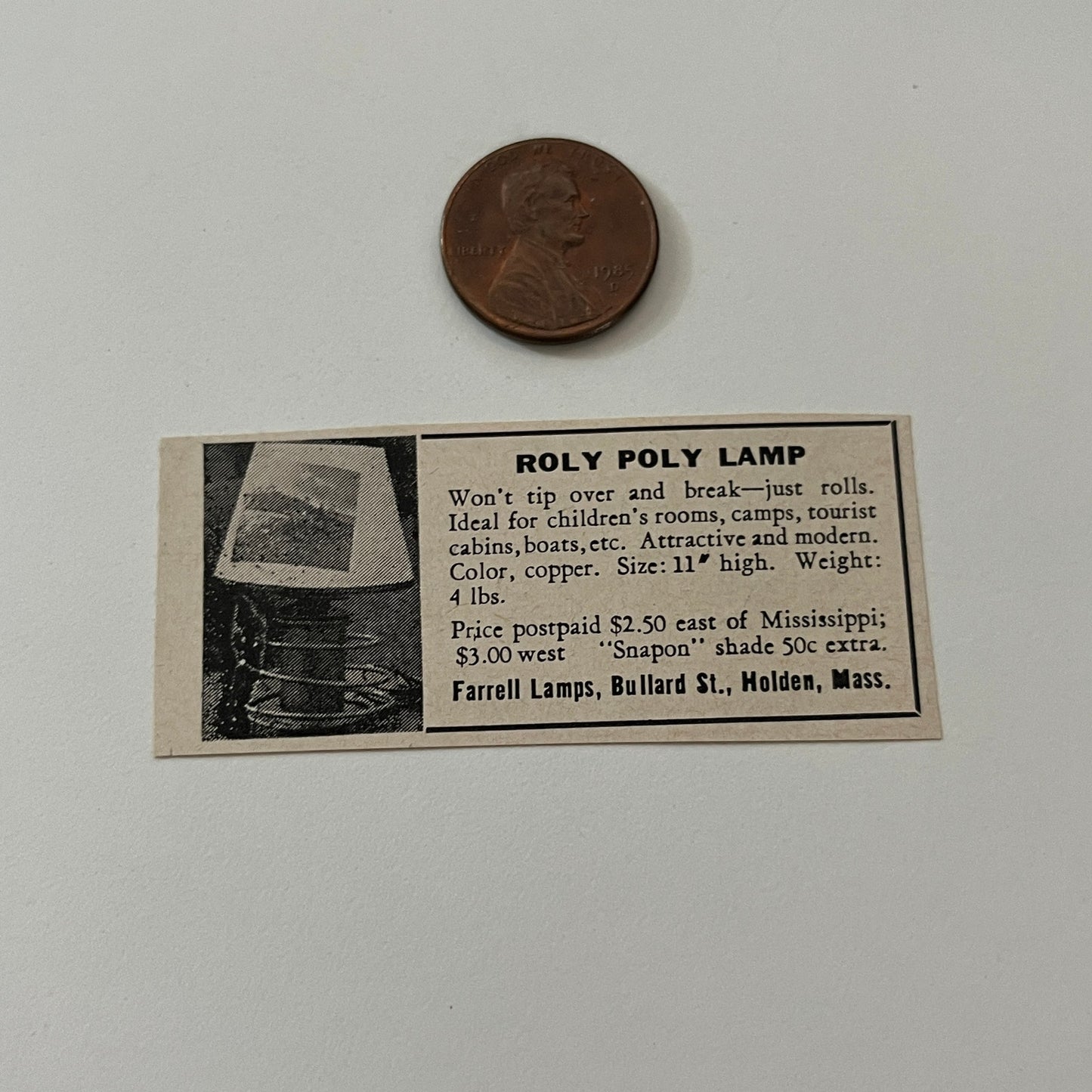 Farrell Lamps Roly Poly Lamp Holden MA 1952 Yankee Magazine Ad SAG5-S2