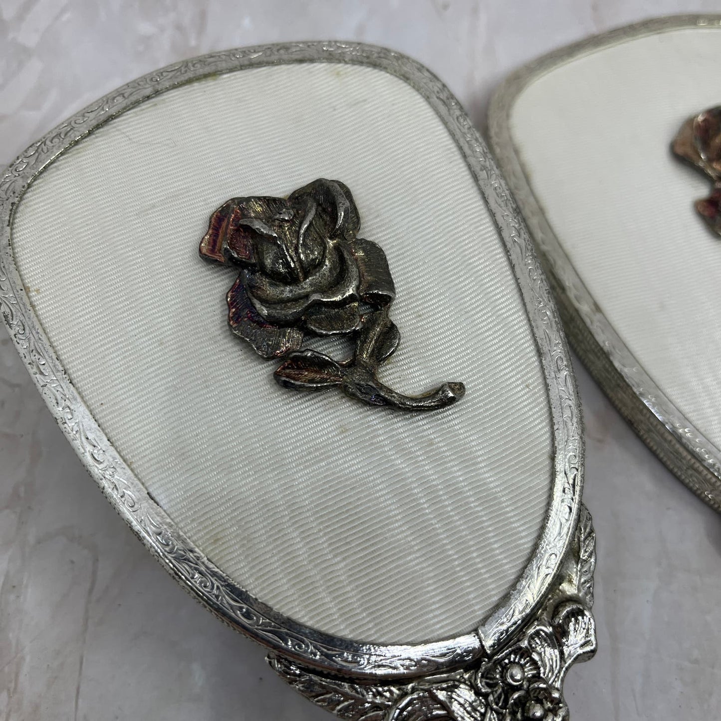 1950s Vanity Set Brush Comb Mirror Chrome Silver Toned Ornate Roses TF5