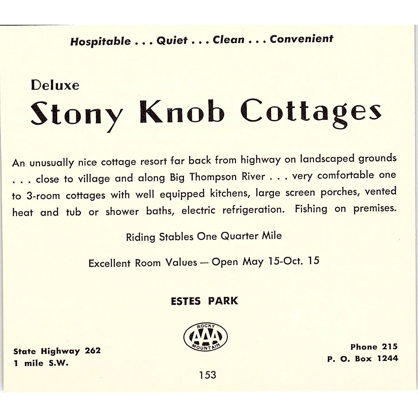 Stony Knob Cottages Estes Park CO 1958 Ad AG1-H3