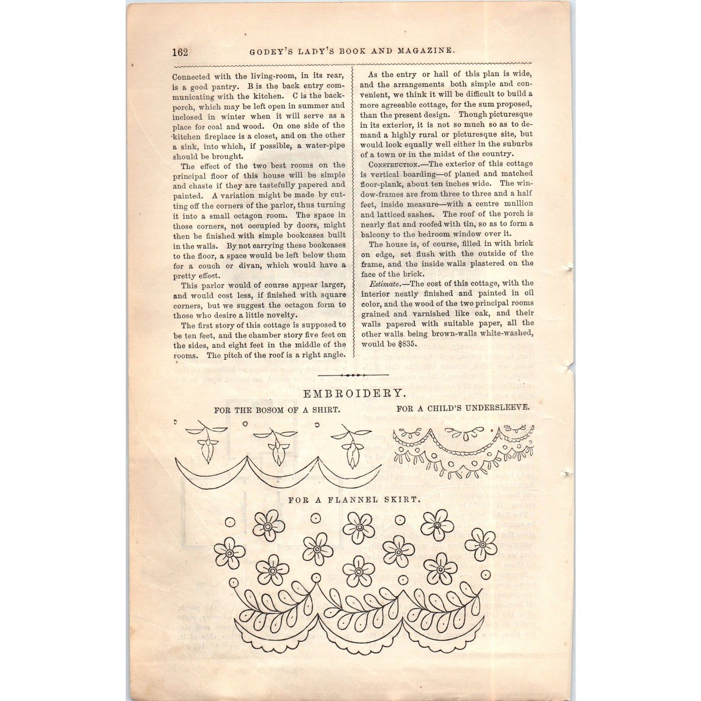 A Symmetrical Cottage With Floor Plan 1857 Original Engraving D19-5