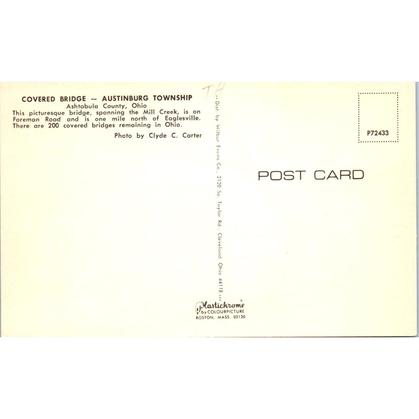 Austinburg Township Bridge Ashtabula Ohio Covered Bridge Postcard PB10