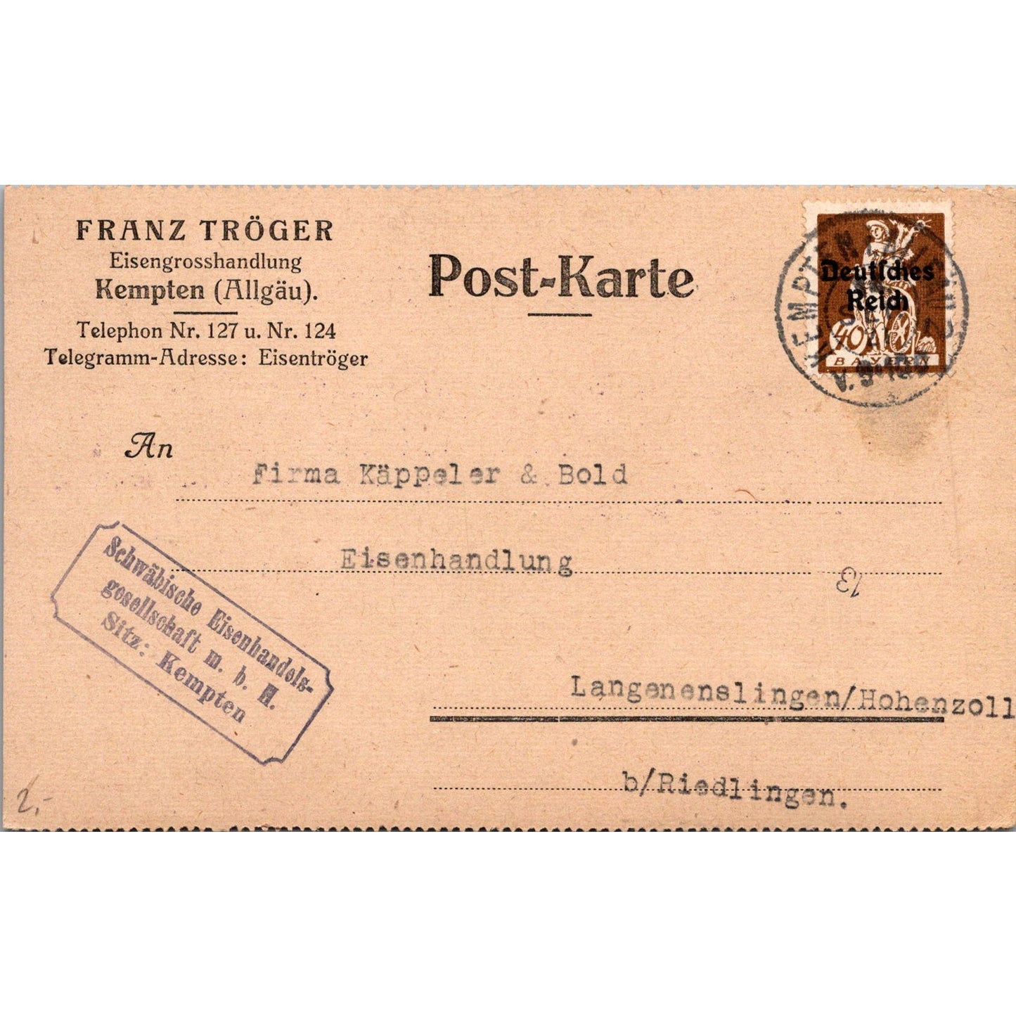 Franz Tröger Eisengroßhandlung Kempten Allgäu 1921 German Reich Postcard AH4-M2