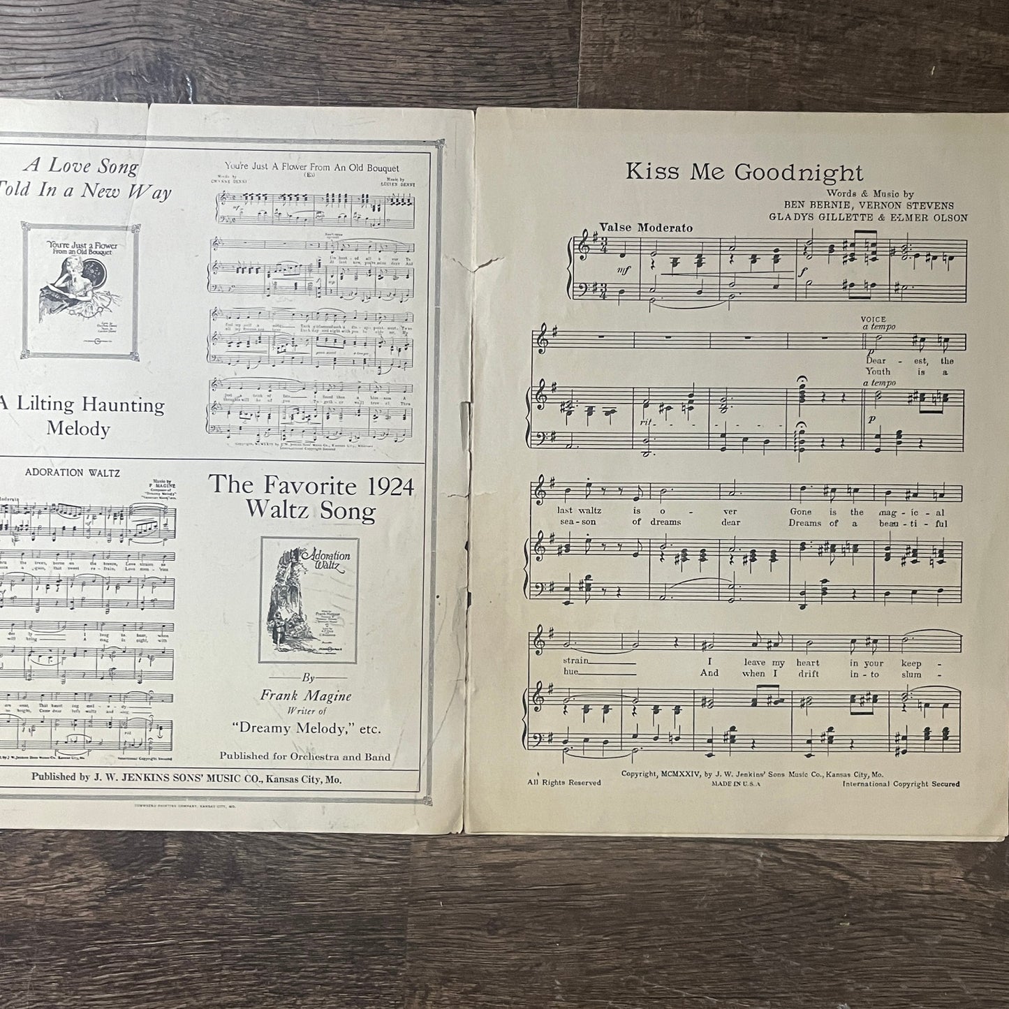 Kiss Me Goodnight 1924 Sheet Music Ben Bernie Vernon Stevens Gladys Gillette V6