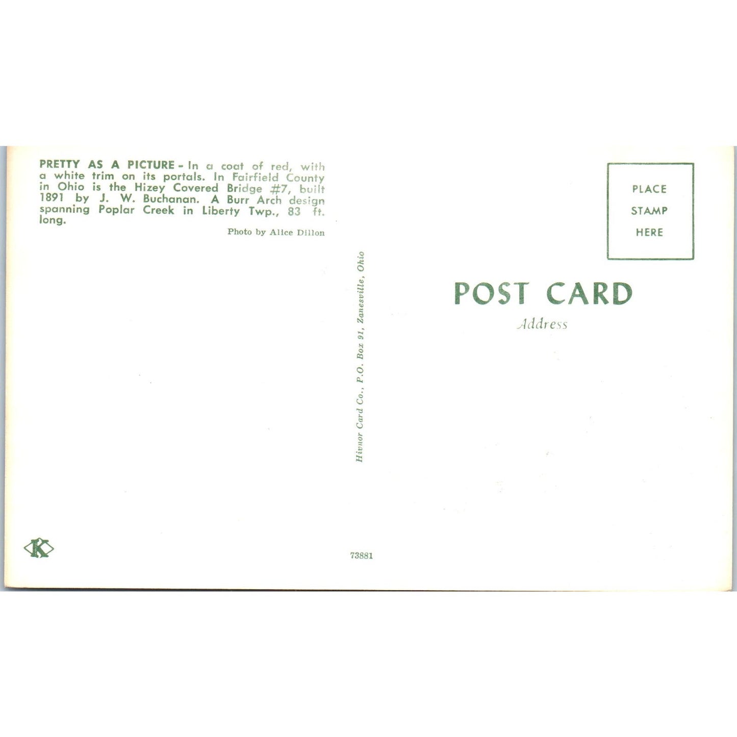 Hizey 7 Fairfield County OH J.W. Buchanan Vintage Covered Bridge Postcard PC11